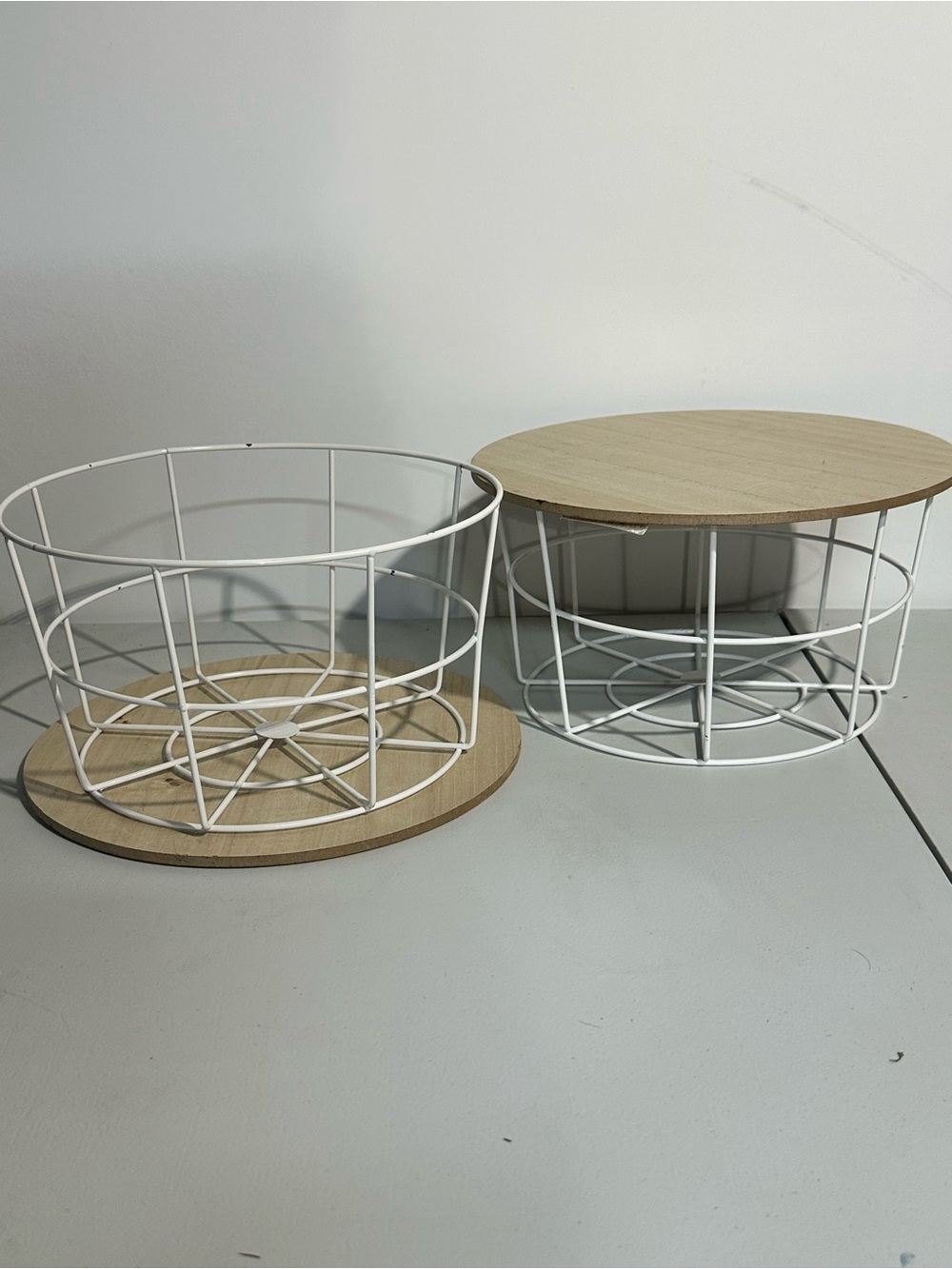 Set of 2 White Wire & Light Wood Storage Baskets